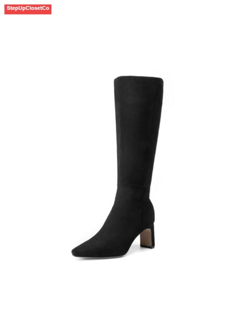 Faux Leather Knee High Boots Chunky Block Heel Square Toe Zip Womens